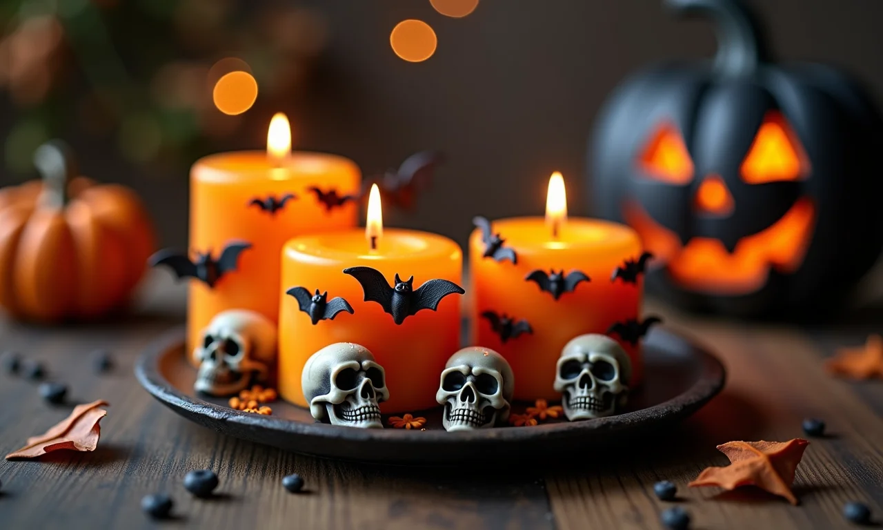 Velas decoradas com temas assustadores de Halloween.