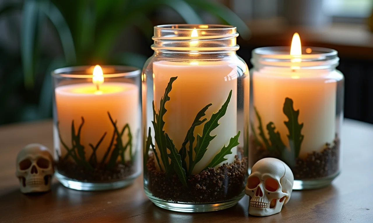 Velas flutuantes em frascos com elementos assustadores.