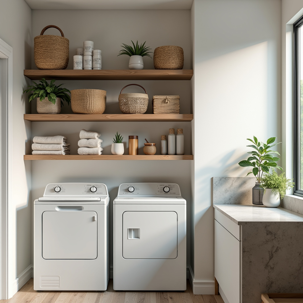 Vertical shelves optimizing space in a laundry room, professional photography, 8K quality, sharp Prateleiras verticais para otimizar espaço na lavanderia.
