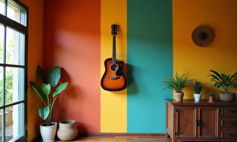 Violão pendurado na parede como decoração em casa brasileira.