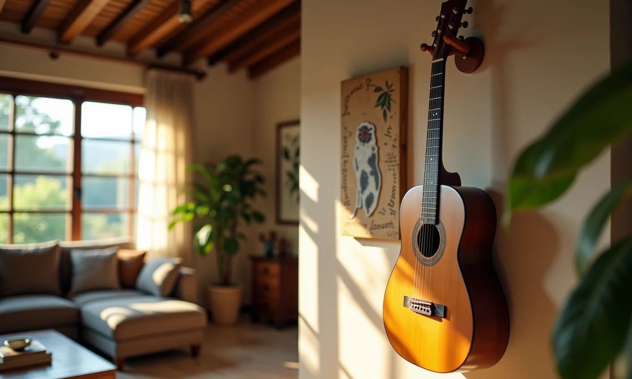 Violão pendurado na parede como um clássico atemporal na decoração.