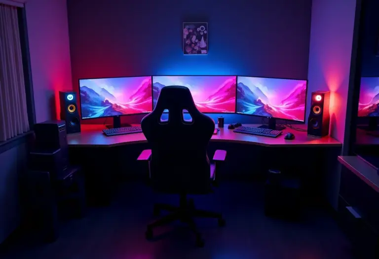 Visão ampla de um quarto gamer moderno com iluminação RGB vibrante e múltiplos monitores.