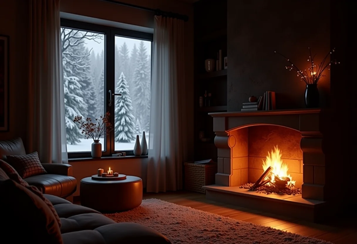 Visão ampla de uma sala de estar aconchegante com lareira acesa e neve caindo lá fora.