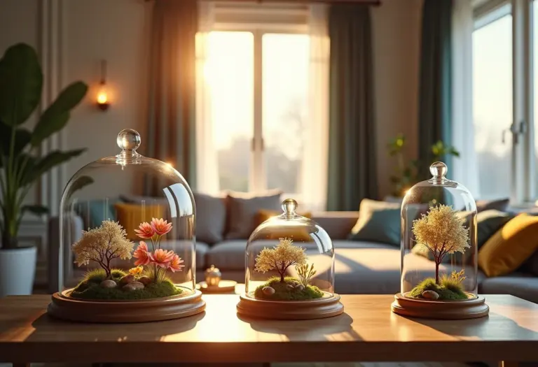 Visão ampla de uma sala de estar elegante com cúpulas de vidro exibindo coleções e decorações.