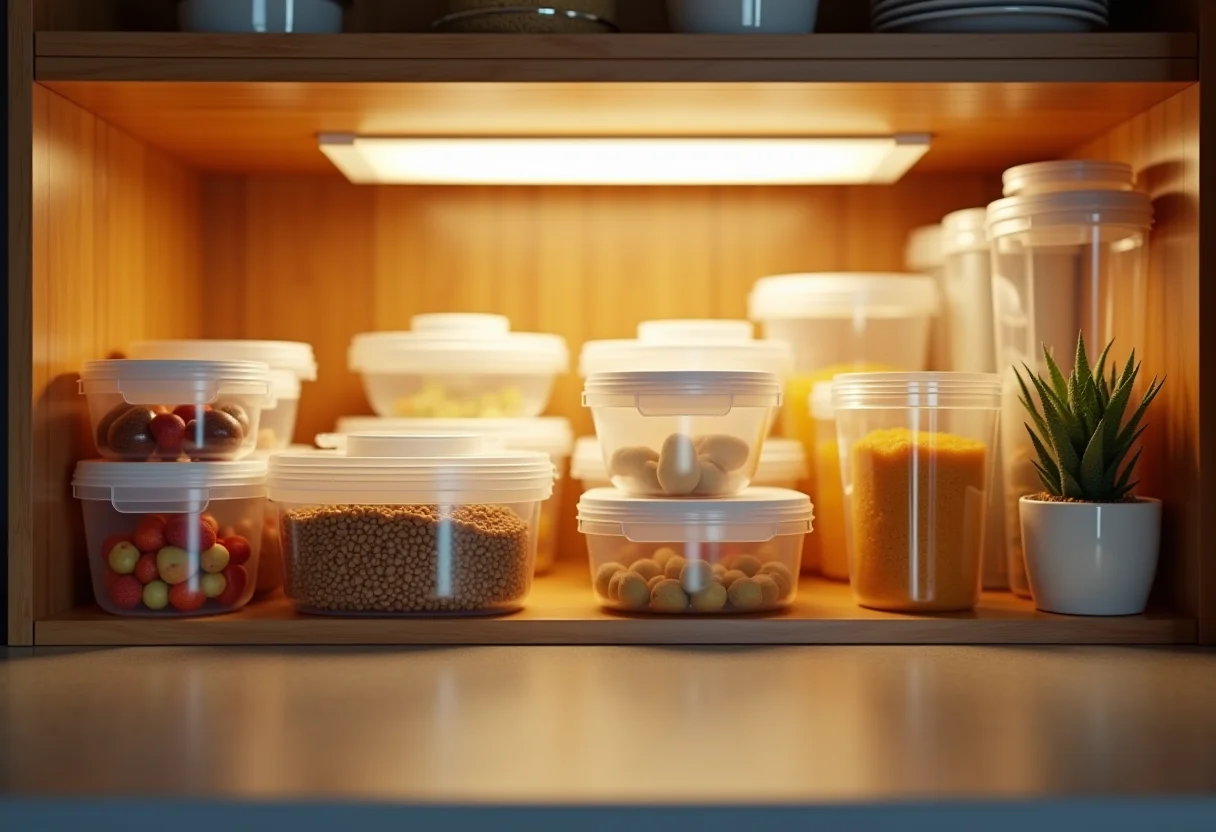 Visão geral de um armário de cozinha impecavelmente organizado com potes plásticos e suas respectivas tampas.