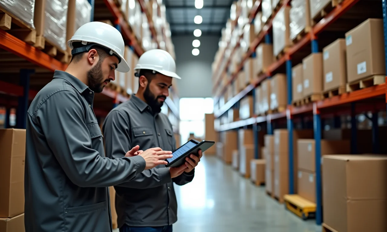 Visão geral de um armazém organizado com funcionários usando tablets para gestão de estoque.