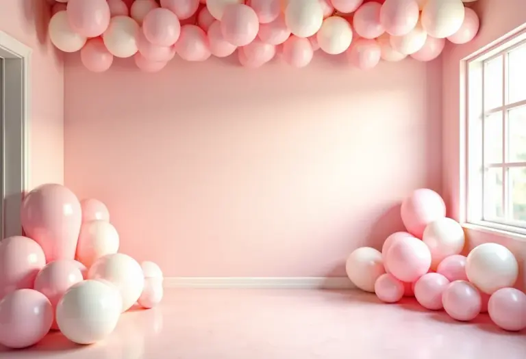 Visão geral de um chá de bebê decorado com balões e cores pastel