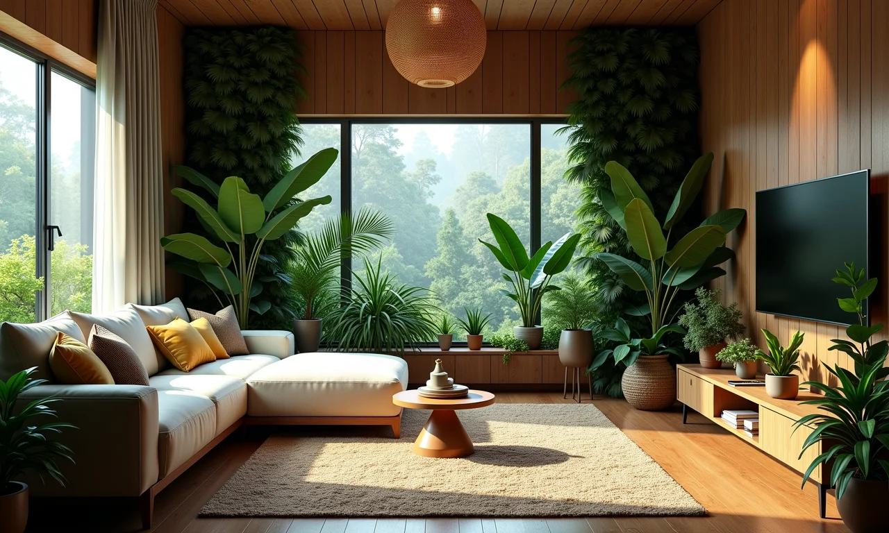 Visão geral de um quarto com tema de selva completo, mostrando todos os elementos em harmonia.