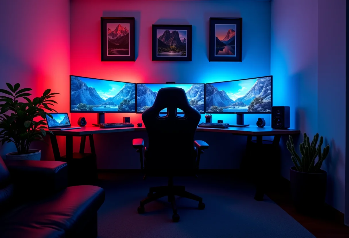 Visão geral de um quarto gamer completo e bem equipado.