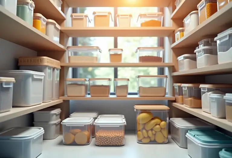 Visão geral de uma despensa organizada com potes plásticos e tampas