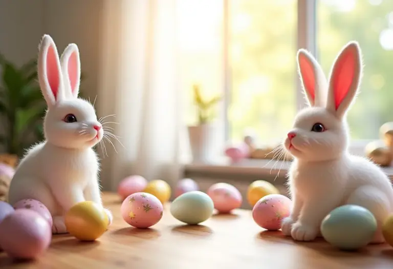 Visão panorâmica de uma casa decorada para a Páscoa com tema de coelhinhos.