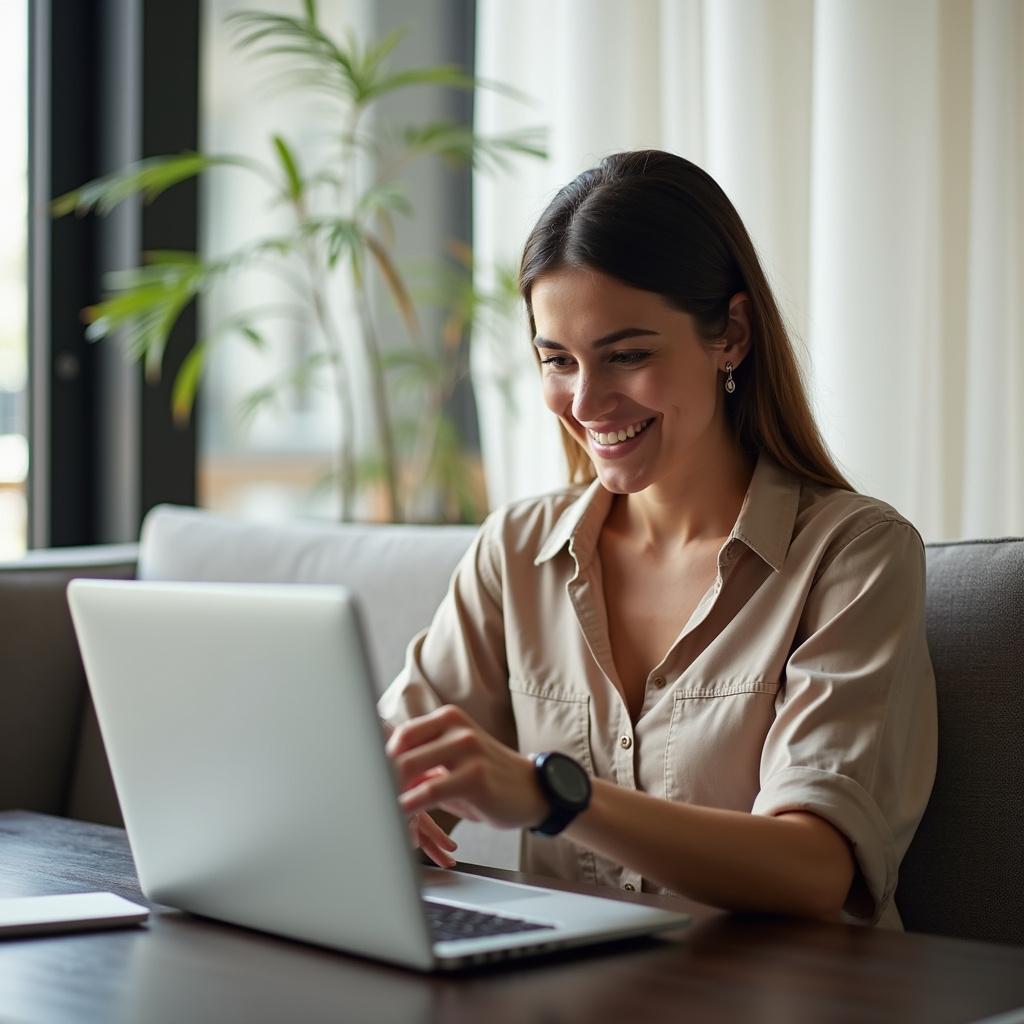 Woman in São Paulo researching passadeira prices on laptop, smiling, bright apartment, natural Mulher pesquisando preços de passadeira online em SP.