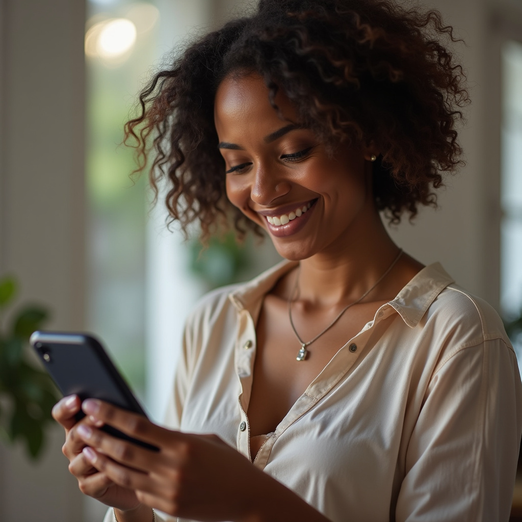 Woman scheduling passadeira service on her phone in São Paulo apartment, smiling, calendar app Mulher agendando passadeira pelo celular em SP.