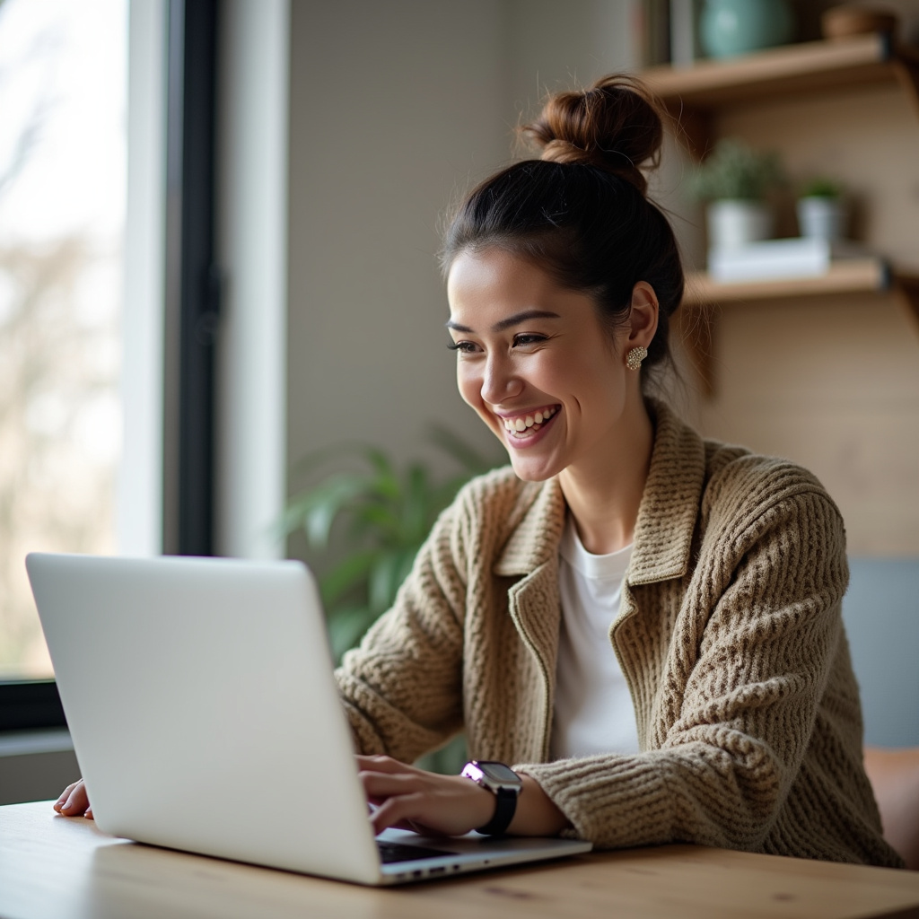 Woman searching online for 'passadeira a domicilio zona sul SP' on her laptop, smiling. Bright, Mulher buscando passadeira na zona sul de SP.