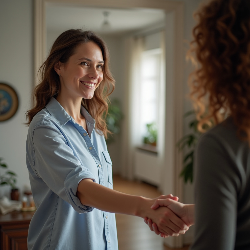 Woman shaking hands with passadeira in her São Paulo home, smiling, trust and security. Commercial Aperto de mãos entre cliente e passadeira em SP.
