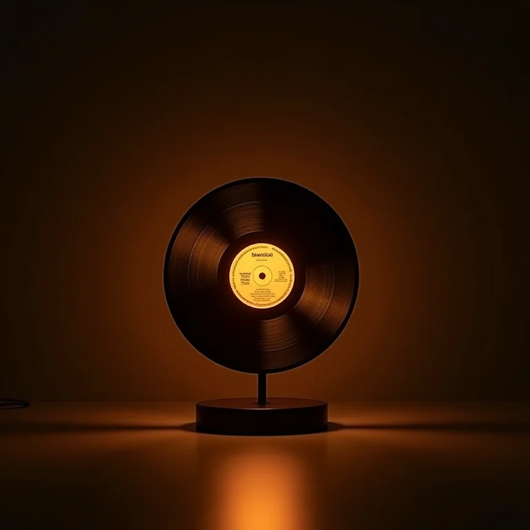 Abajur feito com disco de vinil iluminando um quarto