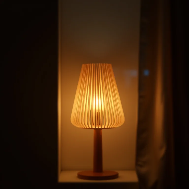 Abajur feito de palitos de picolé emitindo uma luz suave.