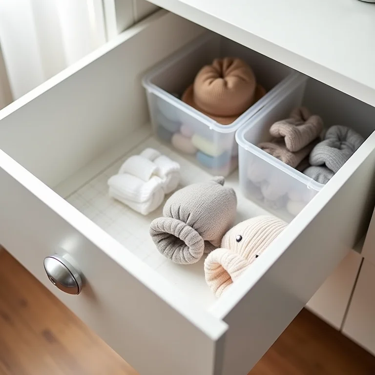 Acessórios de bebê organizados em gaveta com organizadores