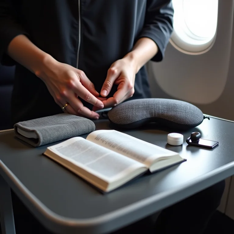 Acessórios de viagem organizados em bandeja de avião