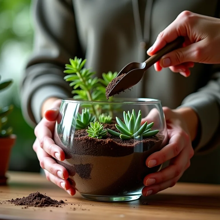 Adicionando substrato a um terrário.