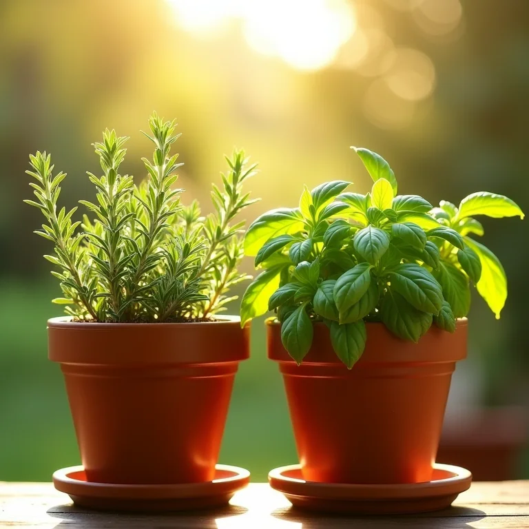 Alecrim e manjericão em vasos de terracota sob luz solar direta