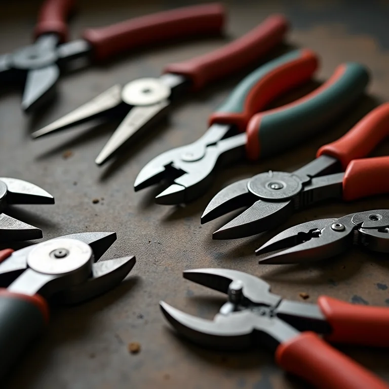 Alicates de diferentes tipos em uma bancada de trabalho