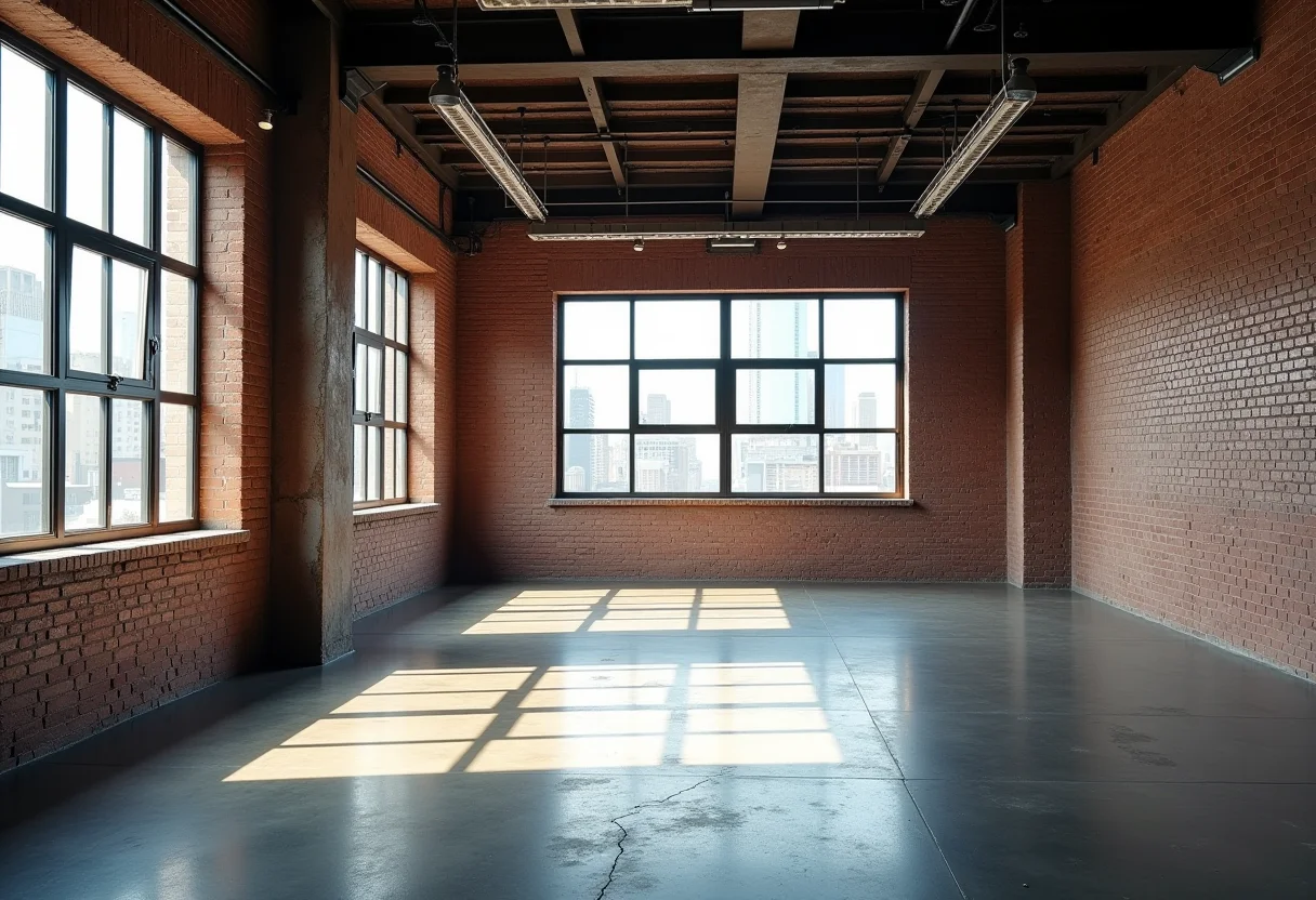 Amplo loft industrial com tijolos aparentes e iluminação suave