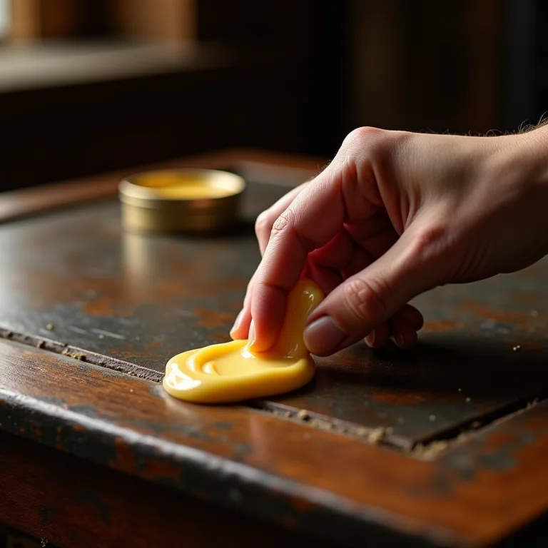 Aplicando cera protetora em móvel com efeito pátina.