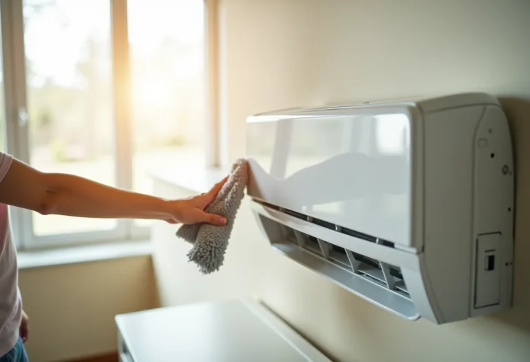 Ar condicionado sendo limpo em casa para economizar energia