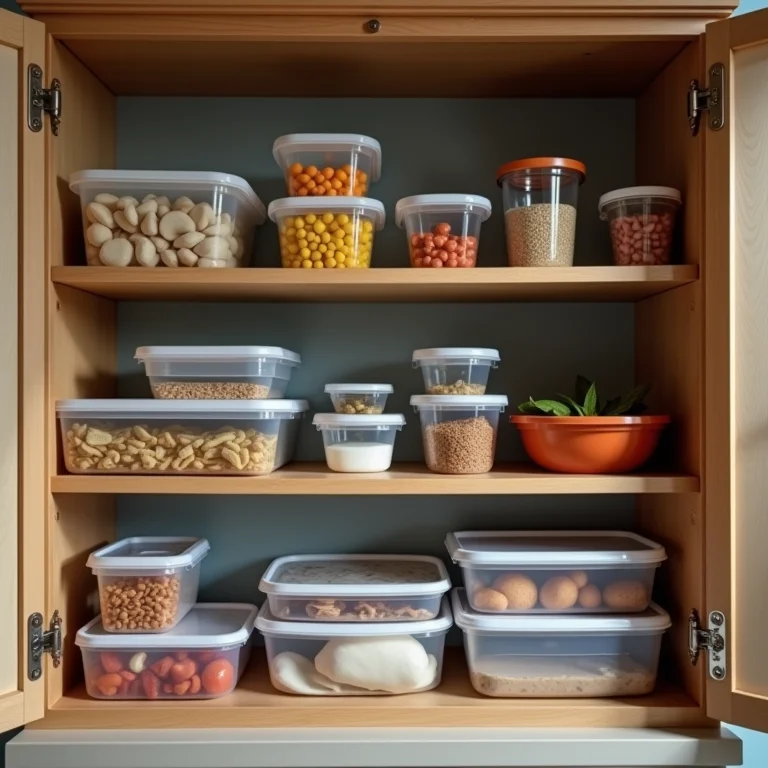 Armário de cozinha cheio de potes plásticos acumulados.