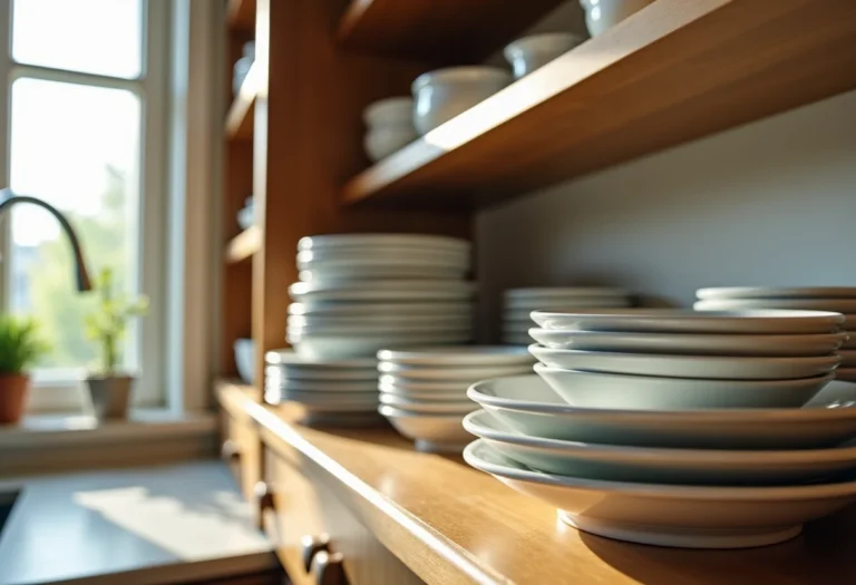 Armário de cozinha organizado com pratos e louças