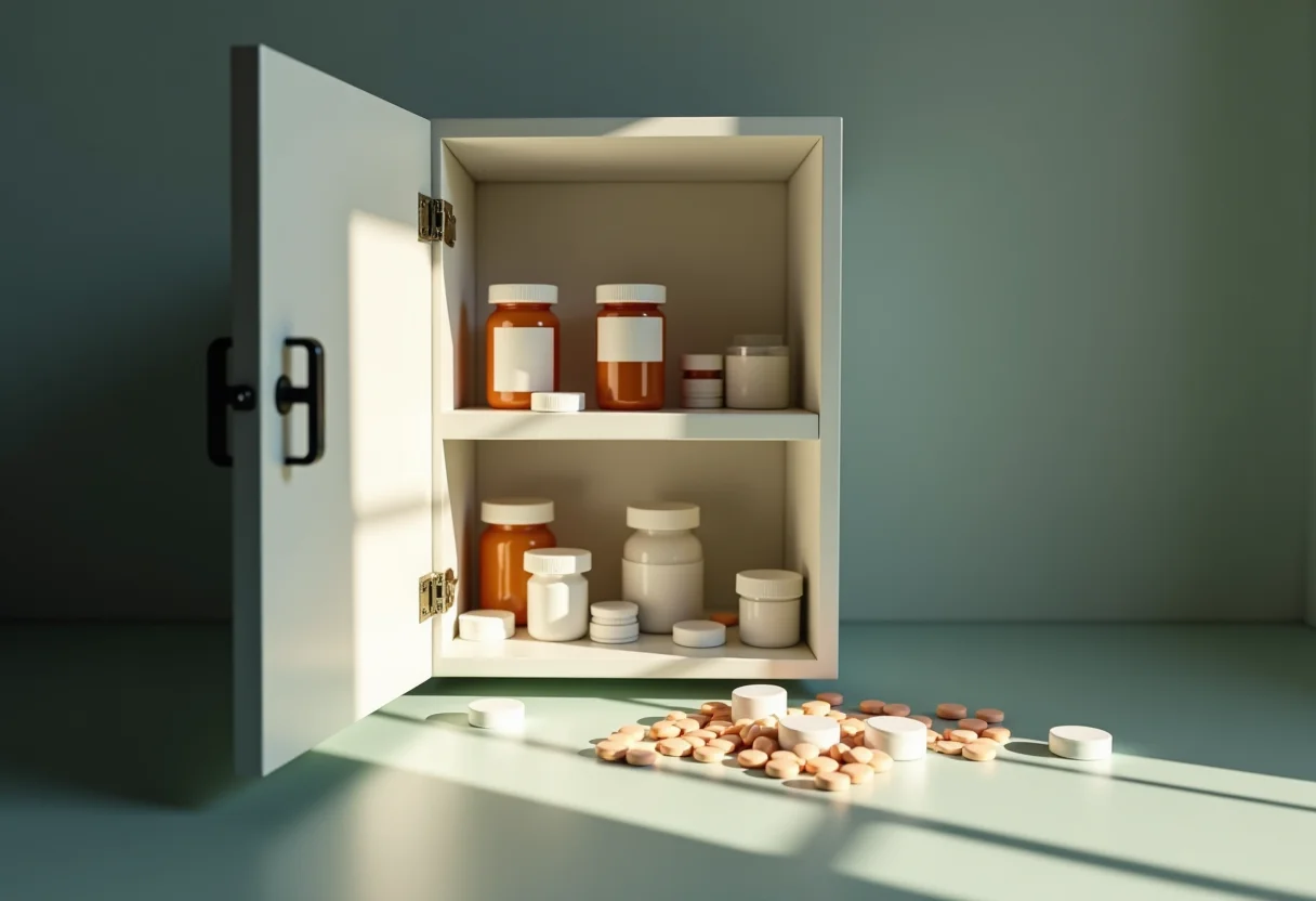 Armário de remédios organizado com alguns medicamentos à mostra