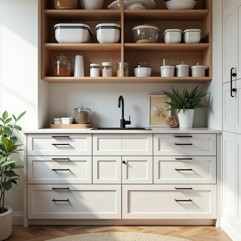 Armários e gavetas de cozinha otimizados com organização vertical