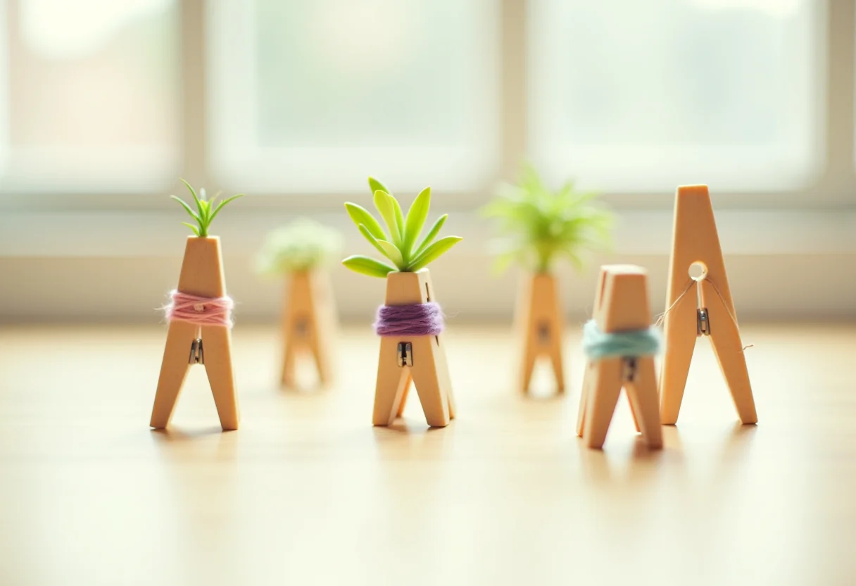 Arranjo criativo de pregadores de roupa com plantas e linhas coloridas