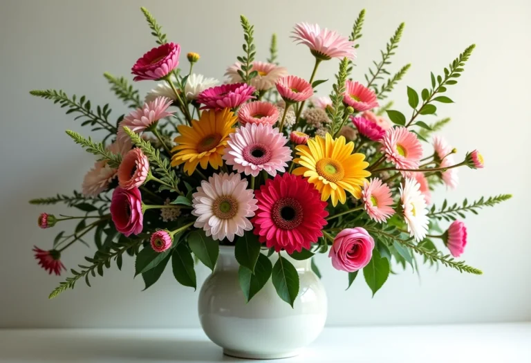 Arranjo de flores exuberante em vaso minimalista
