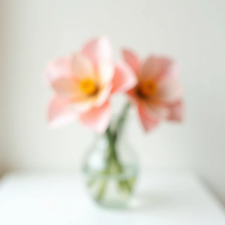 Arranjo delicado de flores de papel em tons pastel em um vaso vintage.