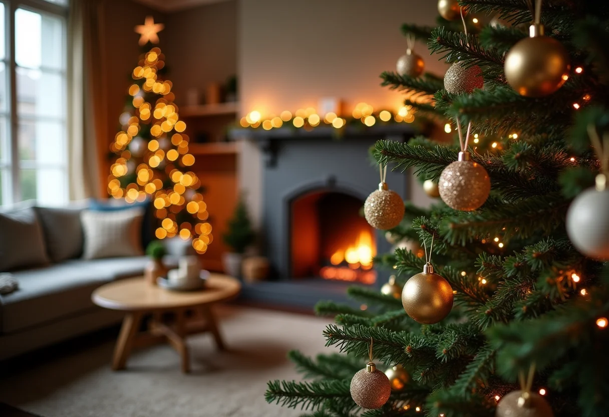 Árvore de Natal decorada com enfeites DIY em sala aconchegante.