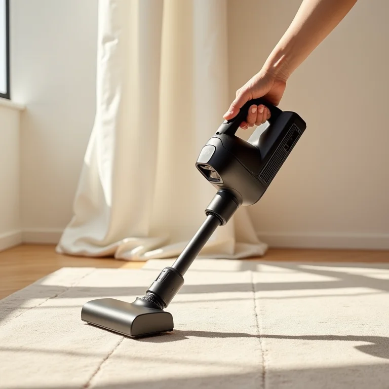 Aspirador de pó sem fio sendo usado em um tapete de cor neutra