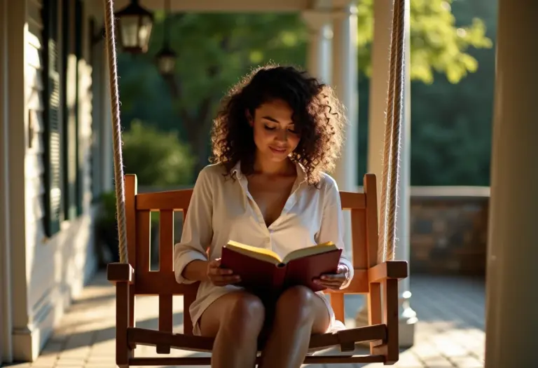 Balanço suspenso de madeira em varanda ensolarada