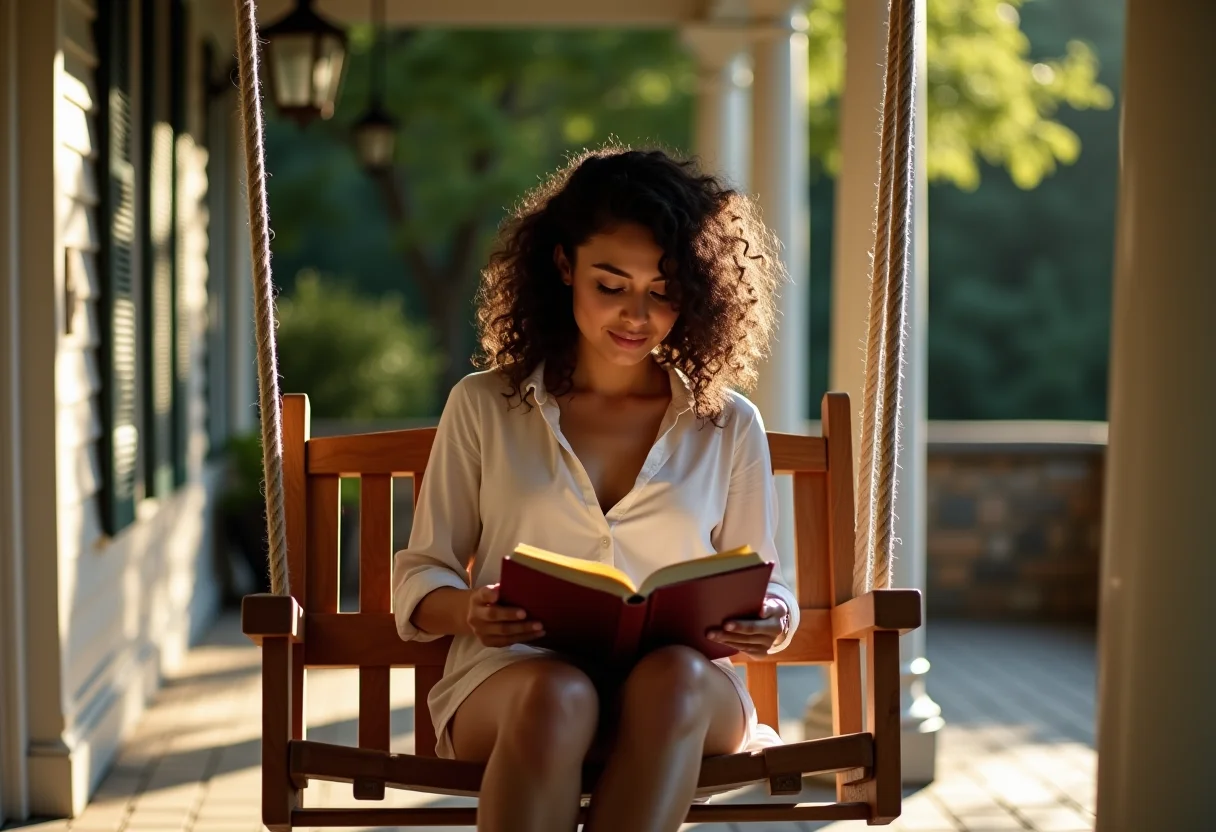 Balanço suspenso de madeira em varanda ensolarada