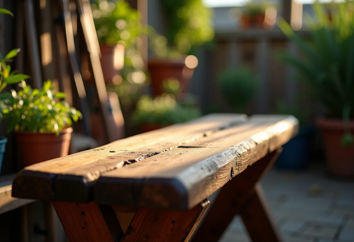 Banco de madeira restaurado com aparência renovada