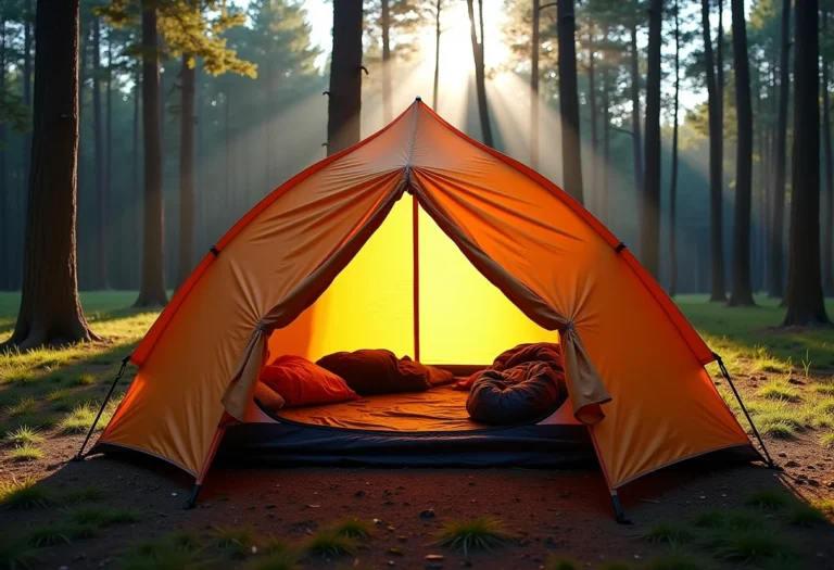 Barraca de camping espaçosa montada em clareira de floresta serena, com equipamentos de camping dobrados dentro