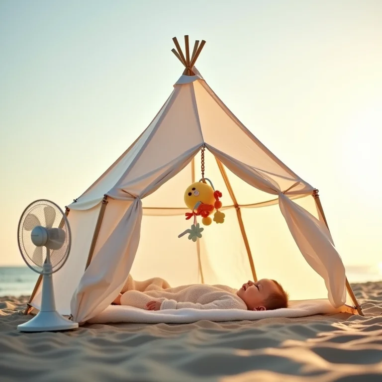 Barraca de praia para bebê com recursos adicionais: mosquiteiro e ventilador
