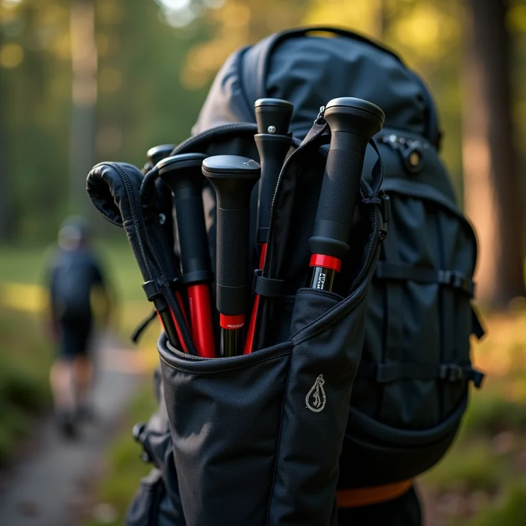 Bastões de caminhada retráteis dobrados e armazenados em mochila