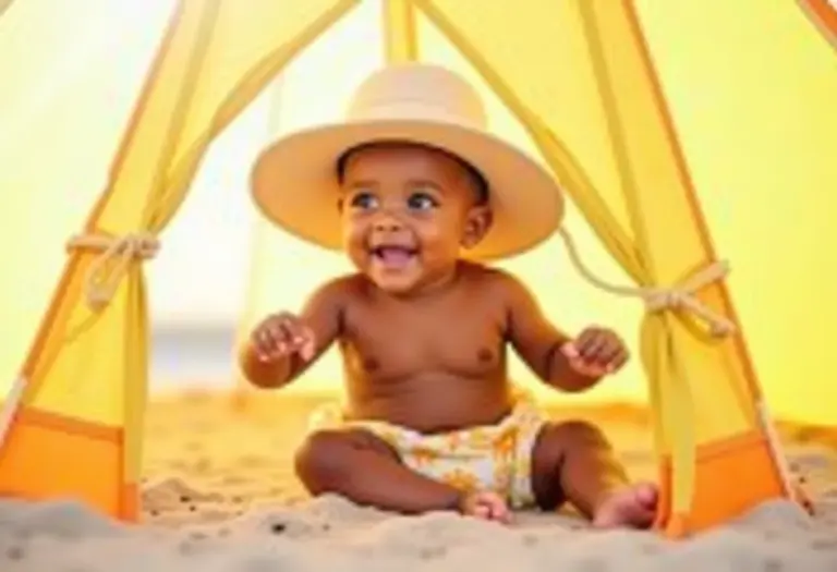 Bebê protegido do sol em barraca de praia com proteção UV
