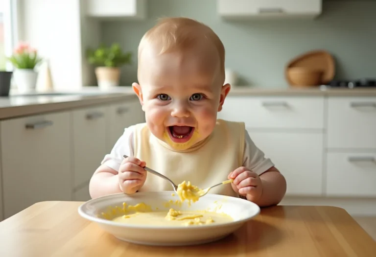 Bebê usando babador impermeável durante a alimentação