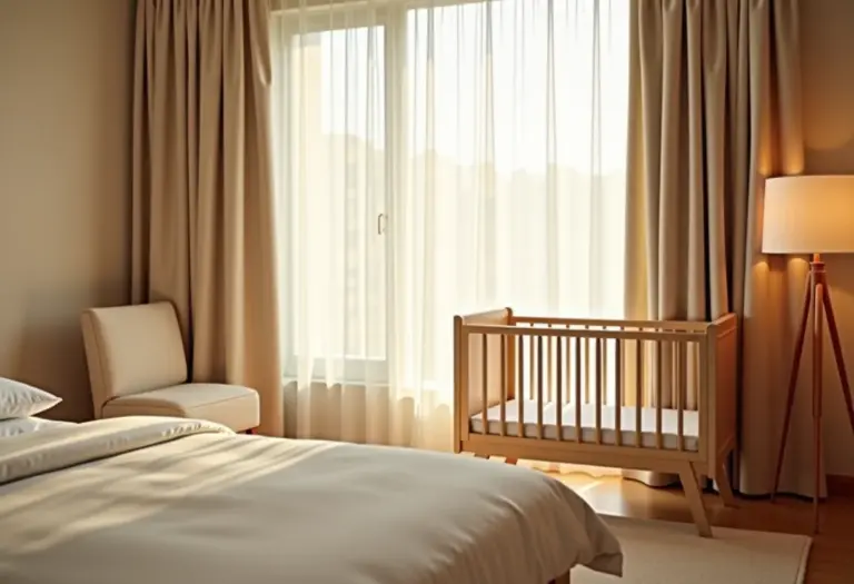 Berço portátil montado em quarto de hotel iluminado por luz natural