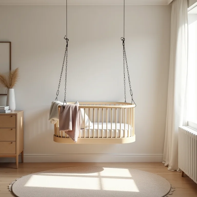 Berço suspenso otimizando o espaço vertical em um quarto de bebê.