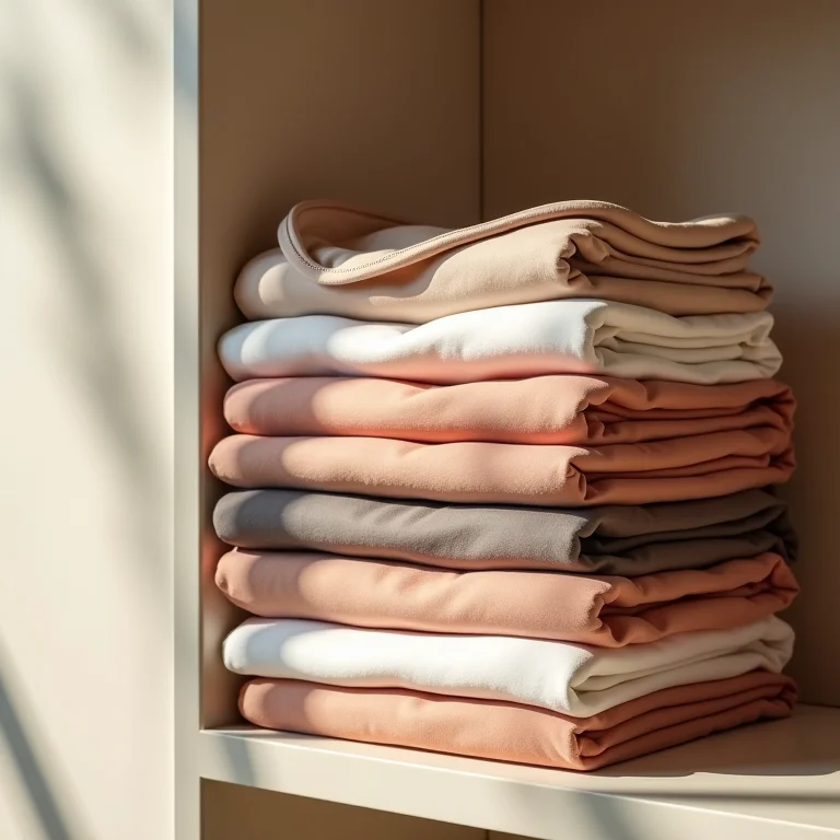 Biquínis dobrados de forma minimalista, empilhados em prateleira.