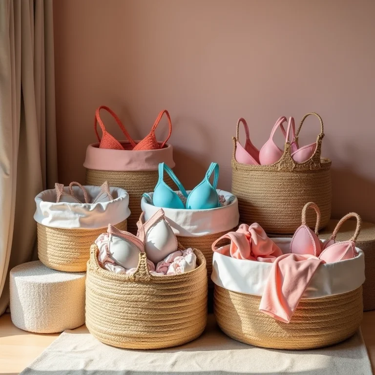 Biquínis e maiôs organizados em caixas e cestas estilosas.